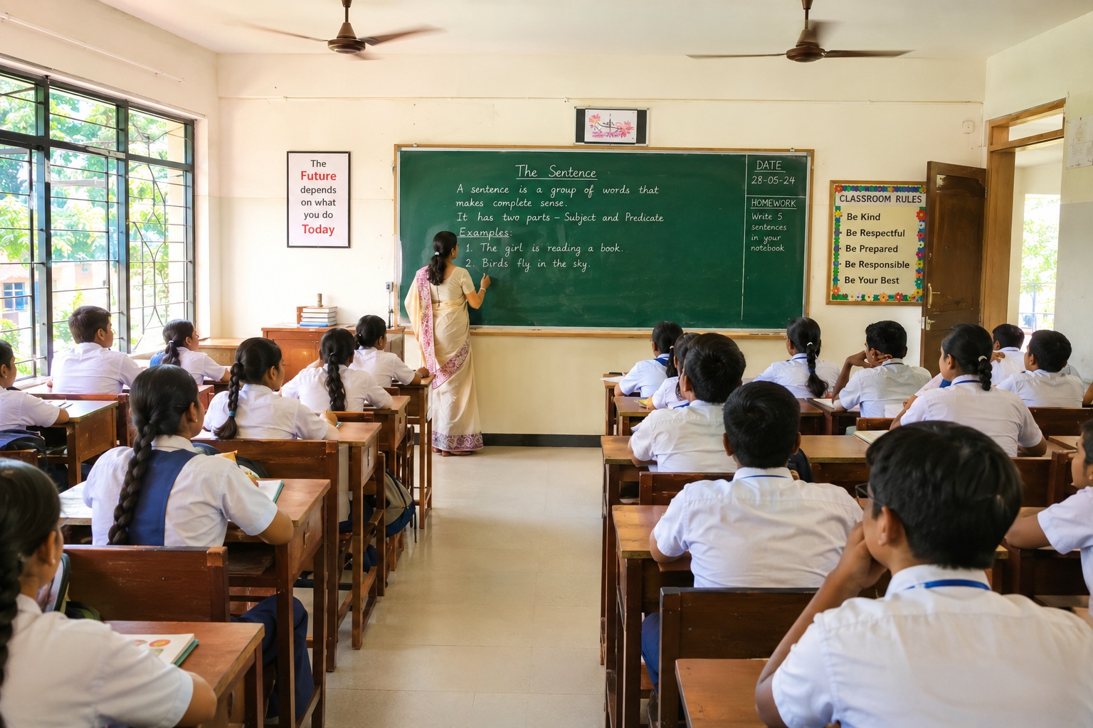 Bright classroom with students